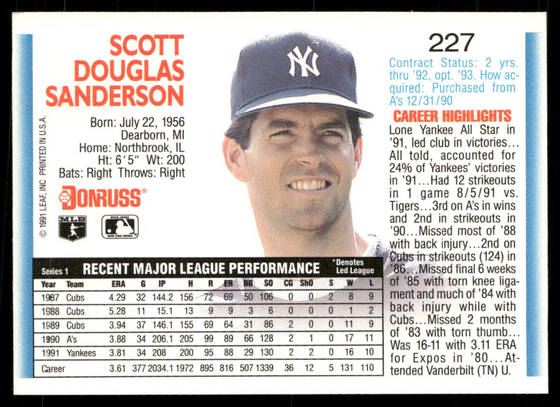 Scott Sanderson 1992 Donruss #227 New York Yankees