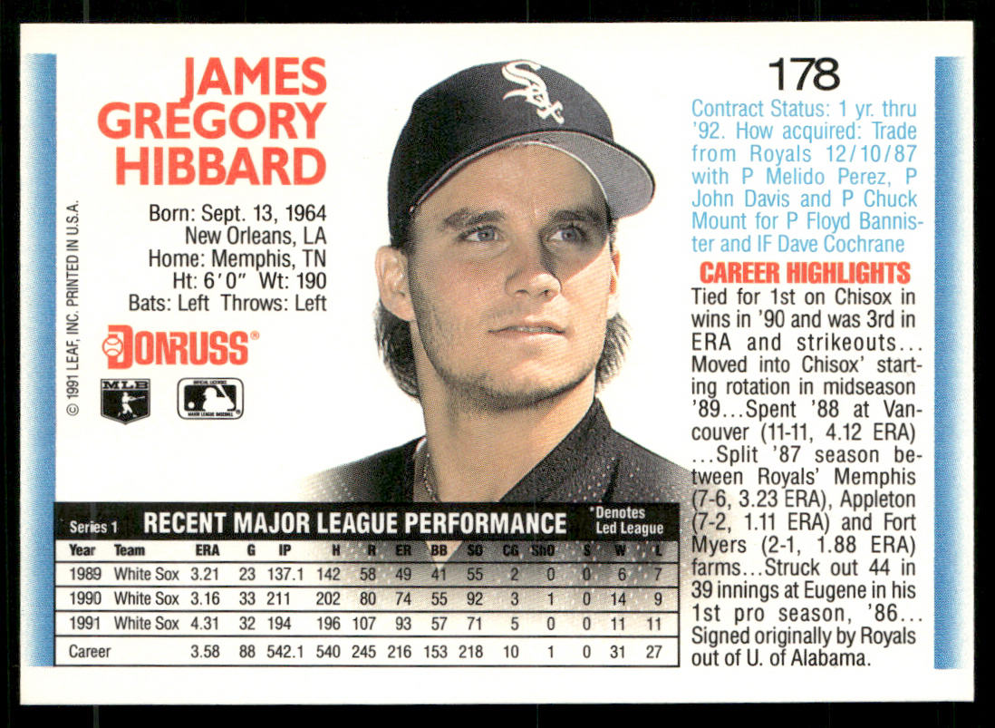 Greg Hibbard 1992 Donruss #178b Chicago White Sox back