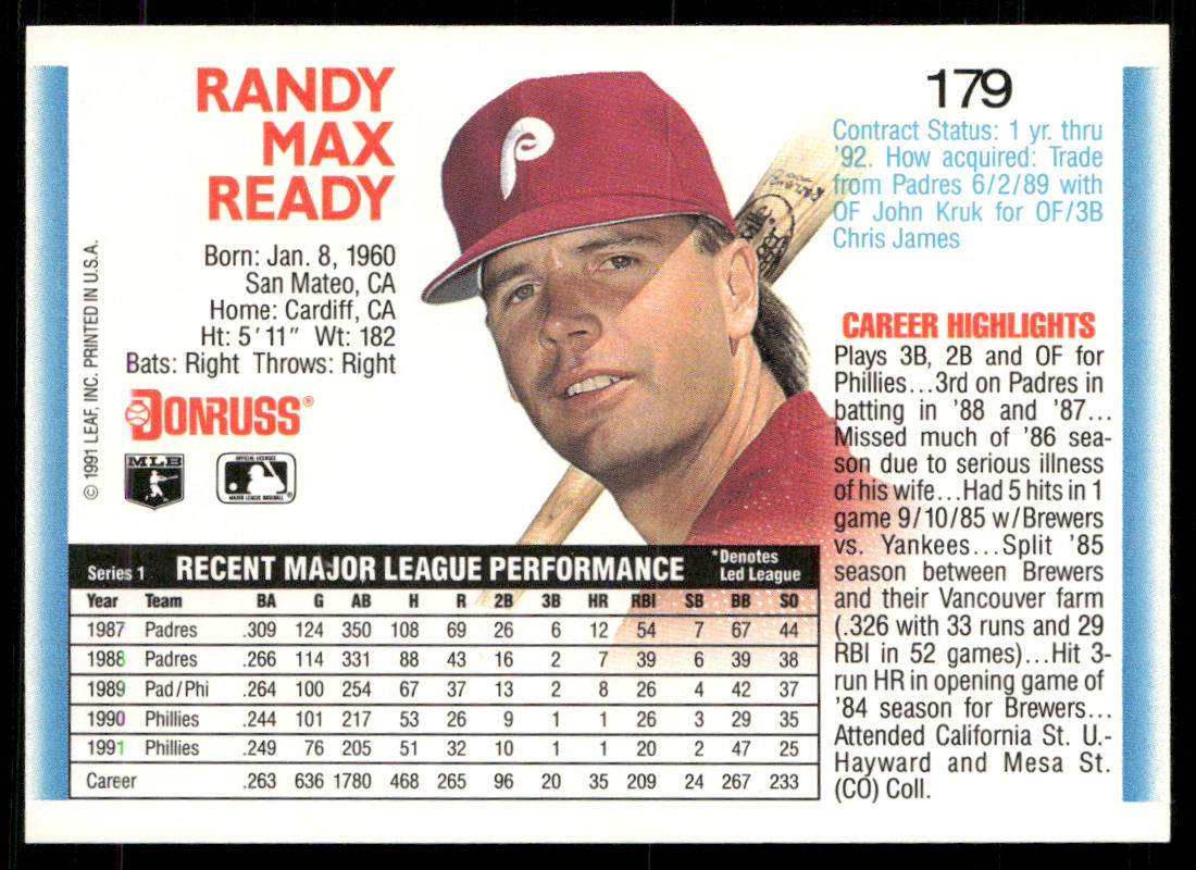 Bill Doran 1992 Donruss #293b Cincinnati Reds back