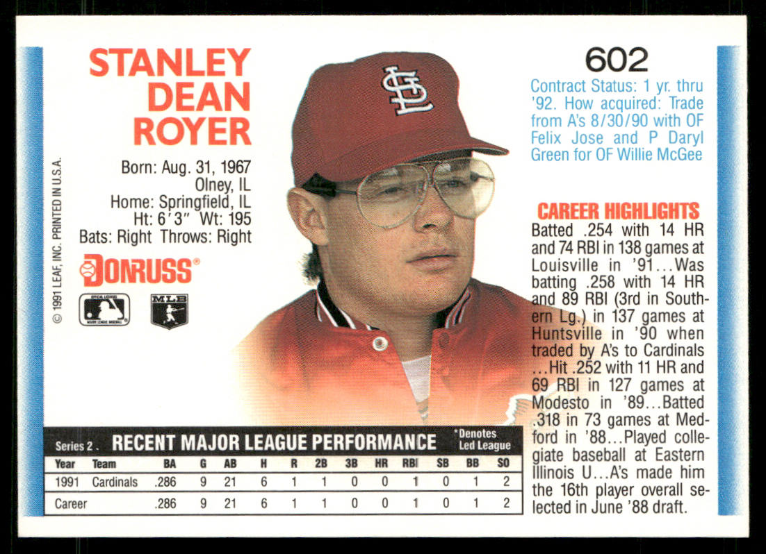 Bill Doran 1992 Donruss #293b Cincinnati Reds back