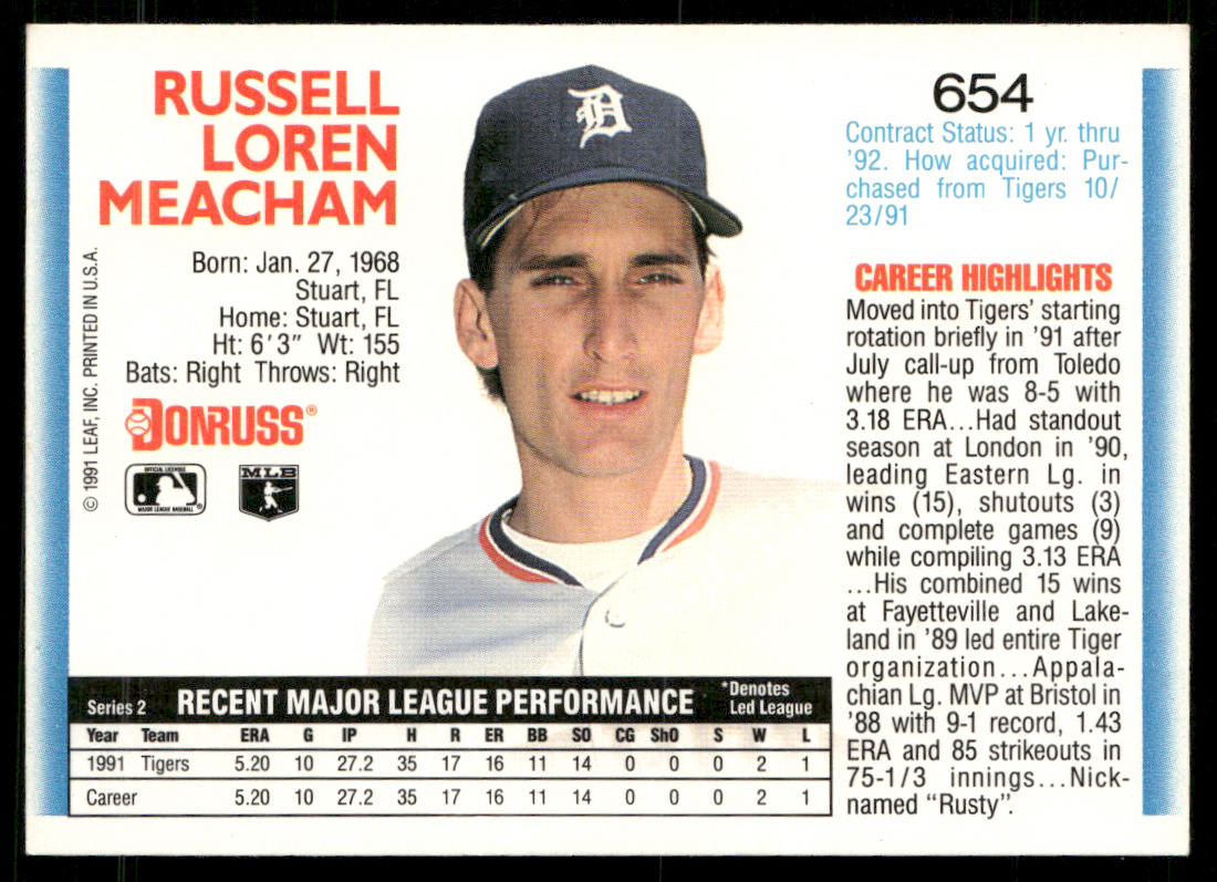 Rusty Meacham 1992 Donruss #654b Kansas City Royals