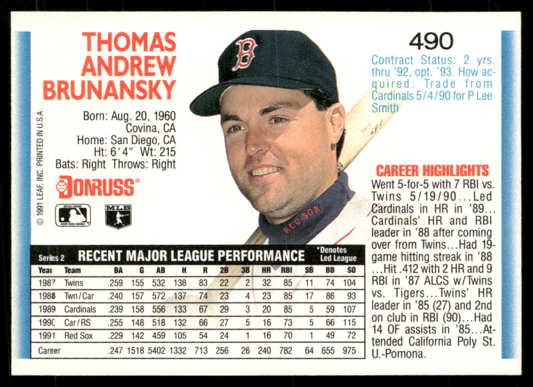 Tom Brunansky 1992 Donruss #490b Boston Red Sox back