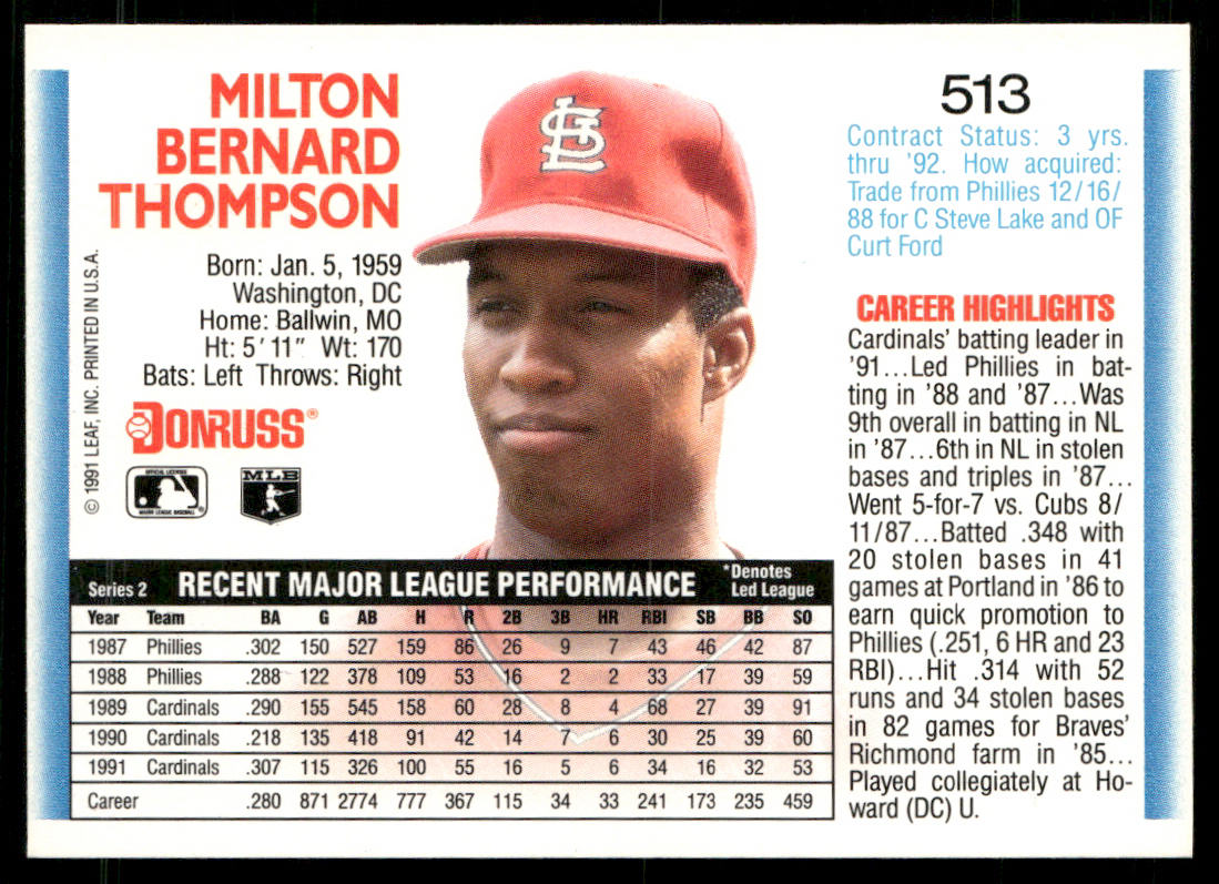 Milt Thompson 1992 Donruss #513b St. Louis Cardinals