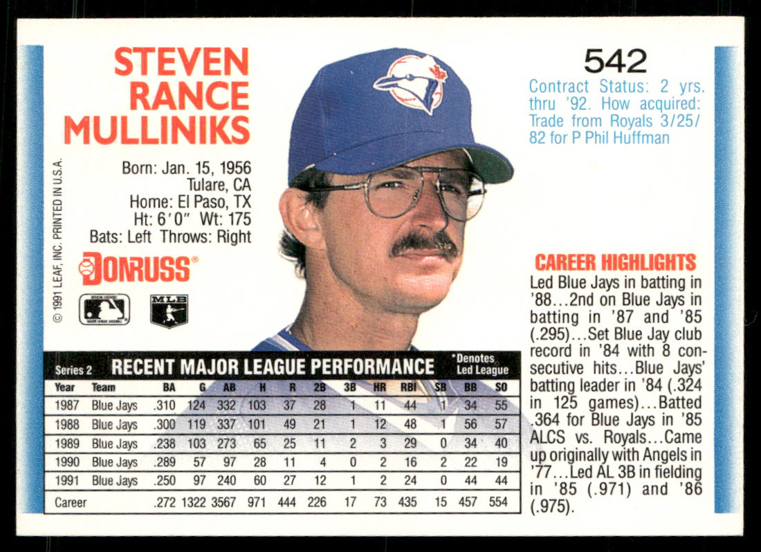 Rance Mulliniks 1992 Donruss #542 Toronto Blue Jays