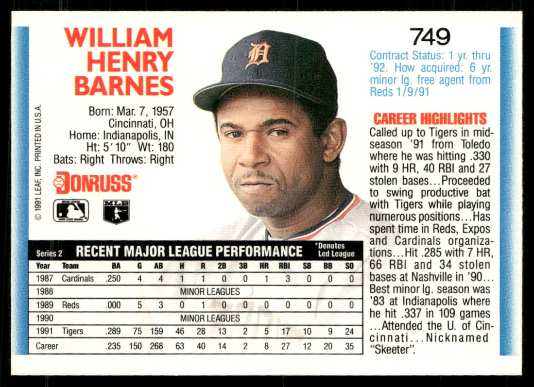 Skeeter Barnes 1992 Donruss #749b Detroit Tigers