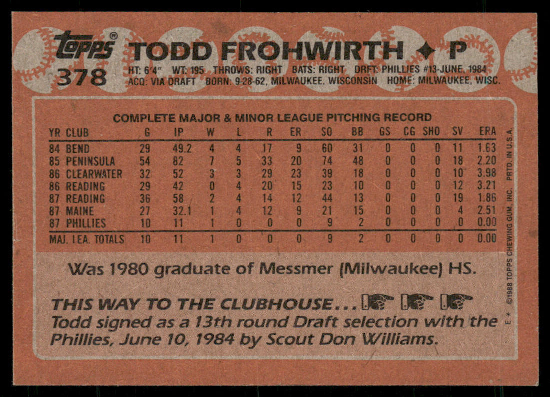 Todd Frohwirth 1988 Topps #378 RC Philadelphia Phillies