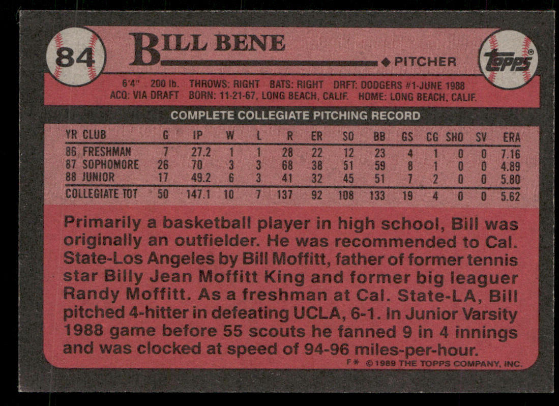 Bill Bene 1989 Topps #84 RC Los Angeles Dodgers