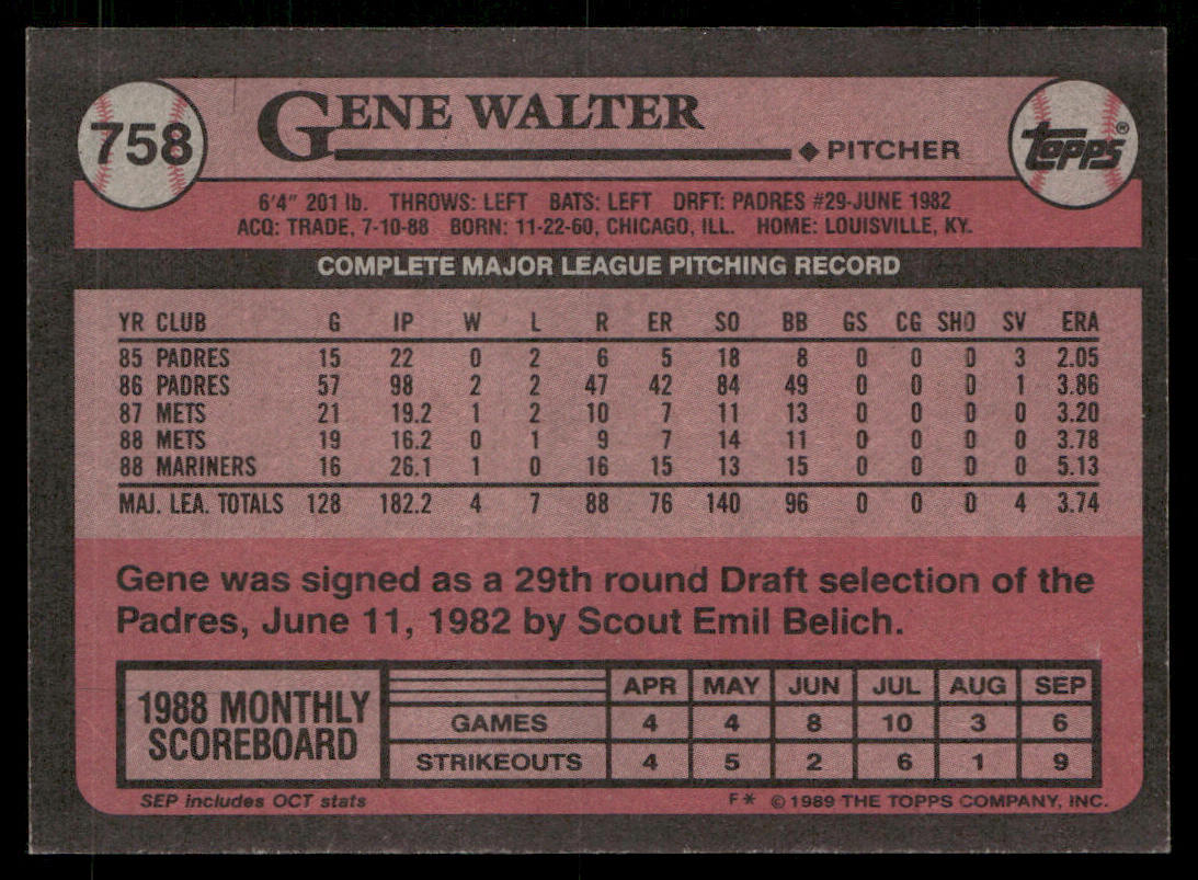 Gene Walter 1989 Topps #758 Seattle Mariners back