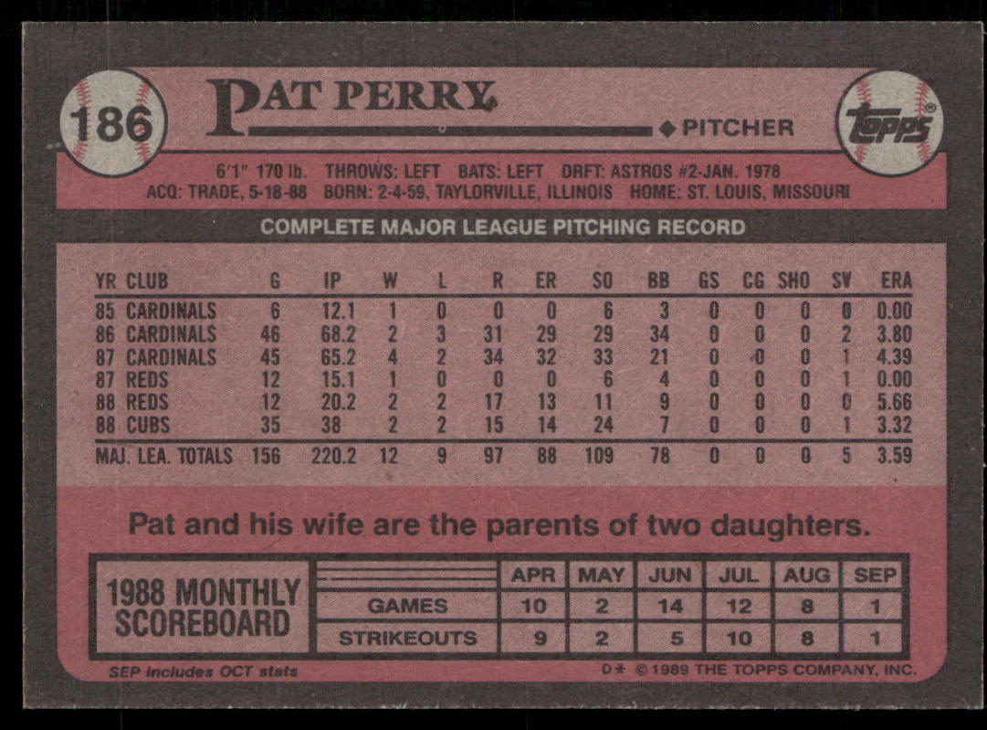 Pat Perry 1989 Topps #186 Chicago Cubs