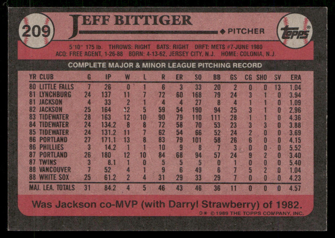 Jeff Bittiger 1989 Topps #209 RC Chicago White Sox