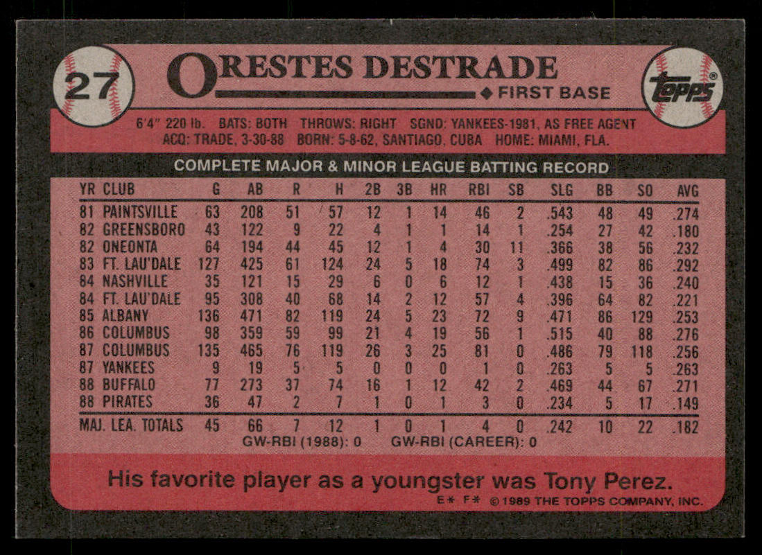 Orestes Destrade 1989 Topps #27b RC F* next to copyright Pittsburgh Pirates back