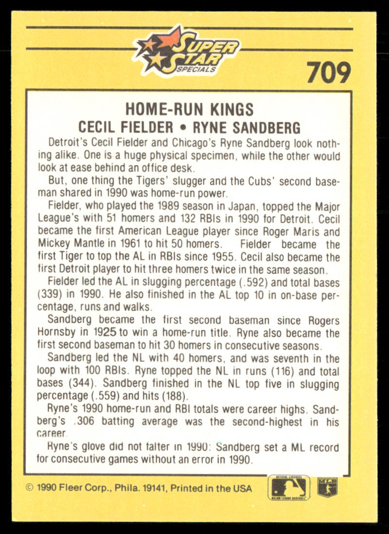 Home Run Kings (Ryne Sandberg / Cecil Fielder) 1991 Fleer #709 back