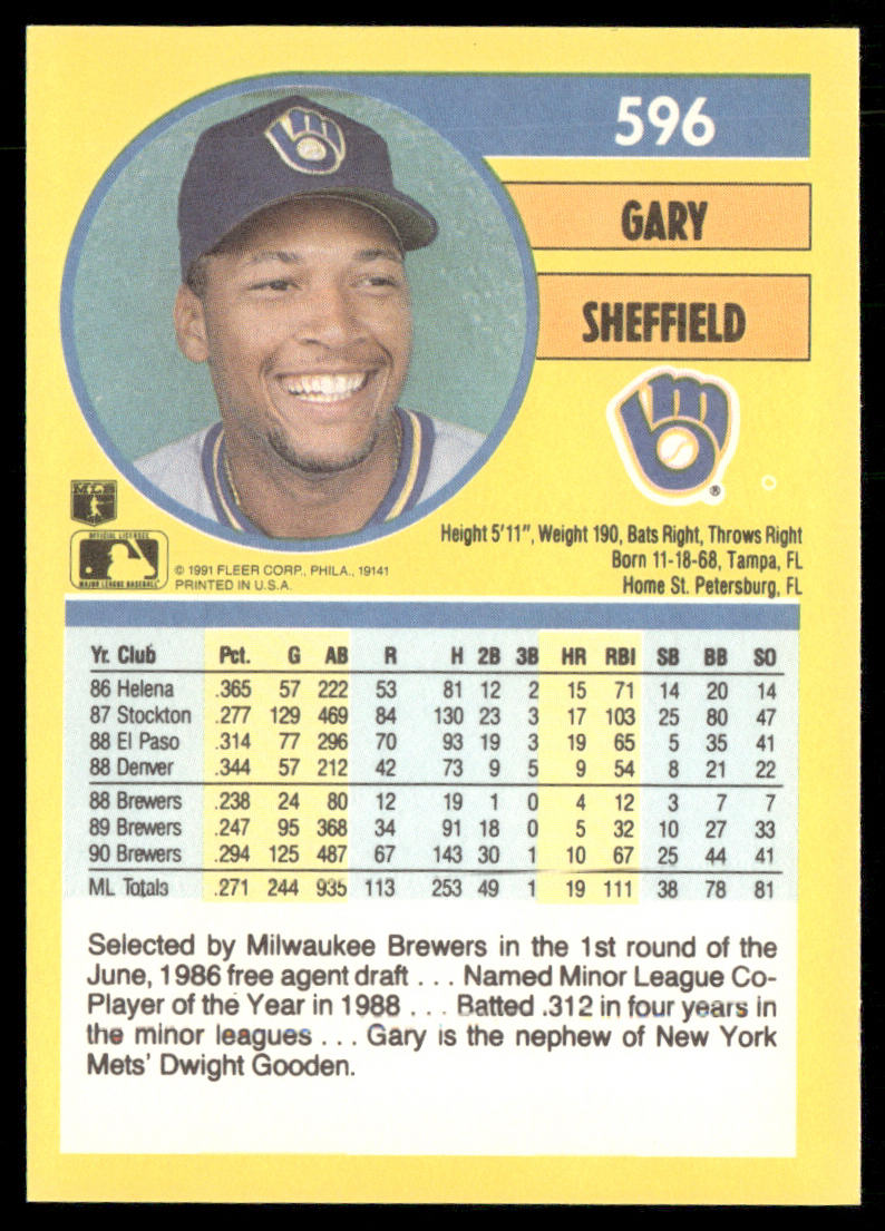 Gary Sheffield 1991 Fleer #596 Milwaukee Brewers back