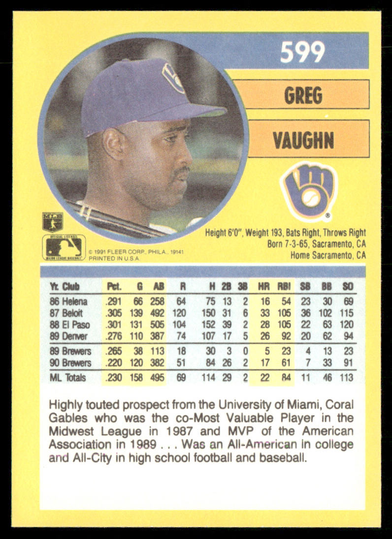 Greg Vaughn 1991 Fleer #599b Milwaukee Brewers back