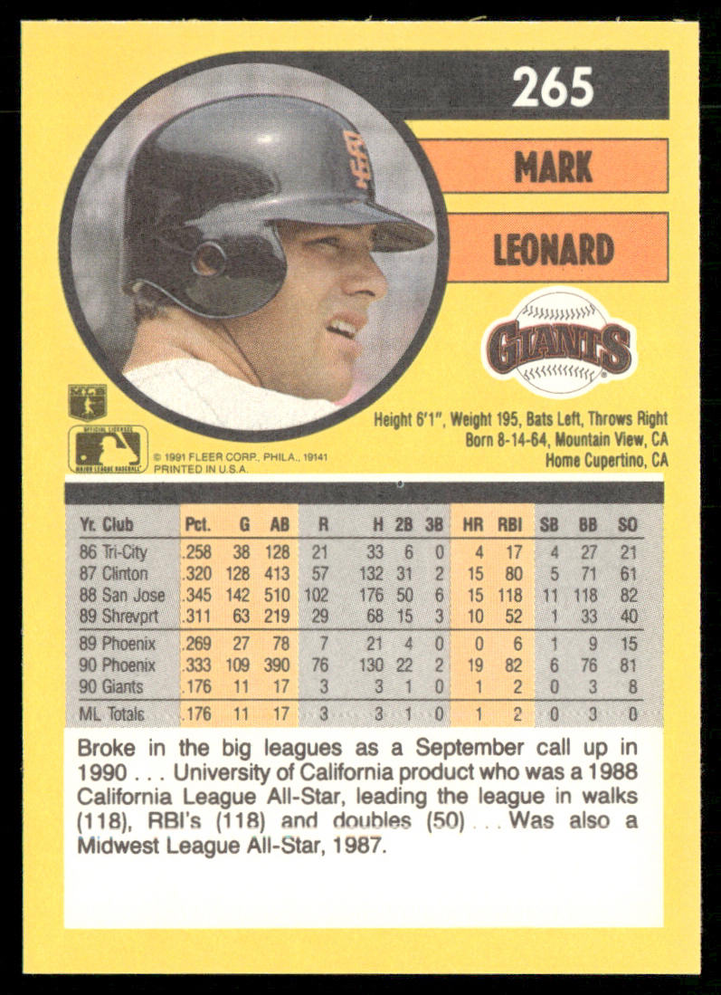 Mark Leonard 1991 Fleer #265a RC San Francisco Giants back