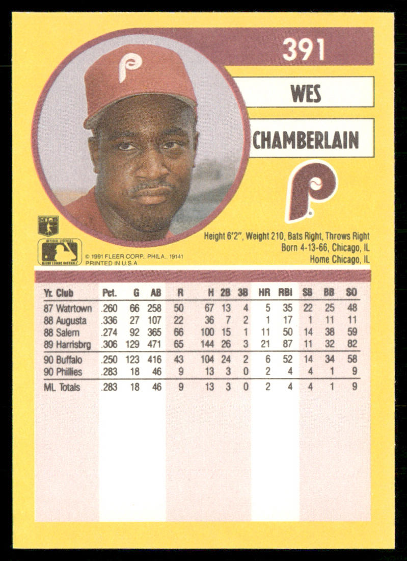 Wes Chamberlain 1991 Fleer #391 RC Philadelphia Phillies