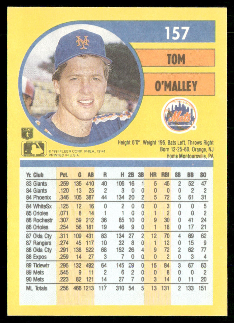 Tom O'Malley 1991 Fleer #157a New York Mets back