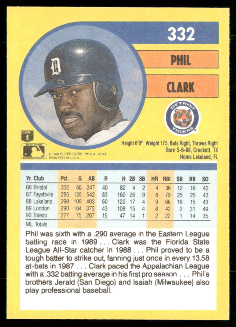 Phil Clark 1991 Fleer #332b RC Detroit Tigers