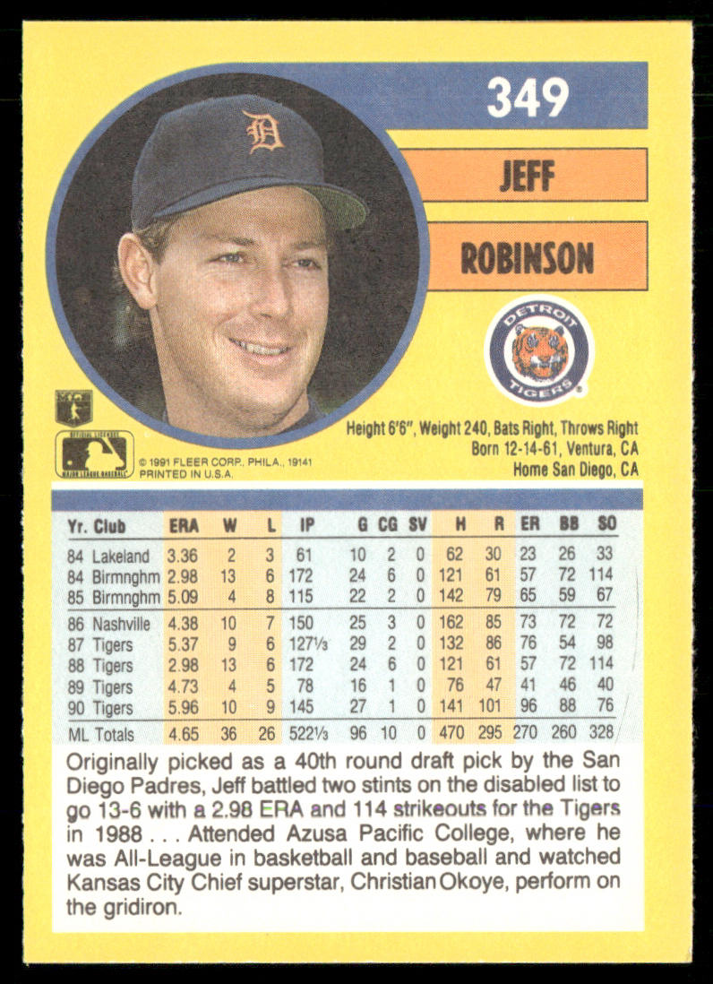 Jeff Robinson 1991 Fleer #349b Detroit Tigers back