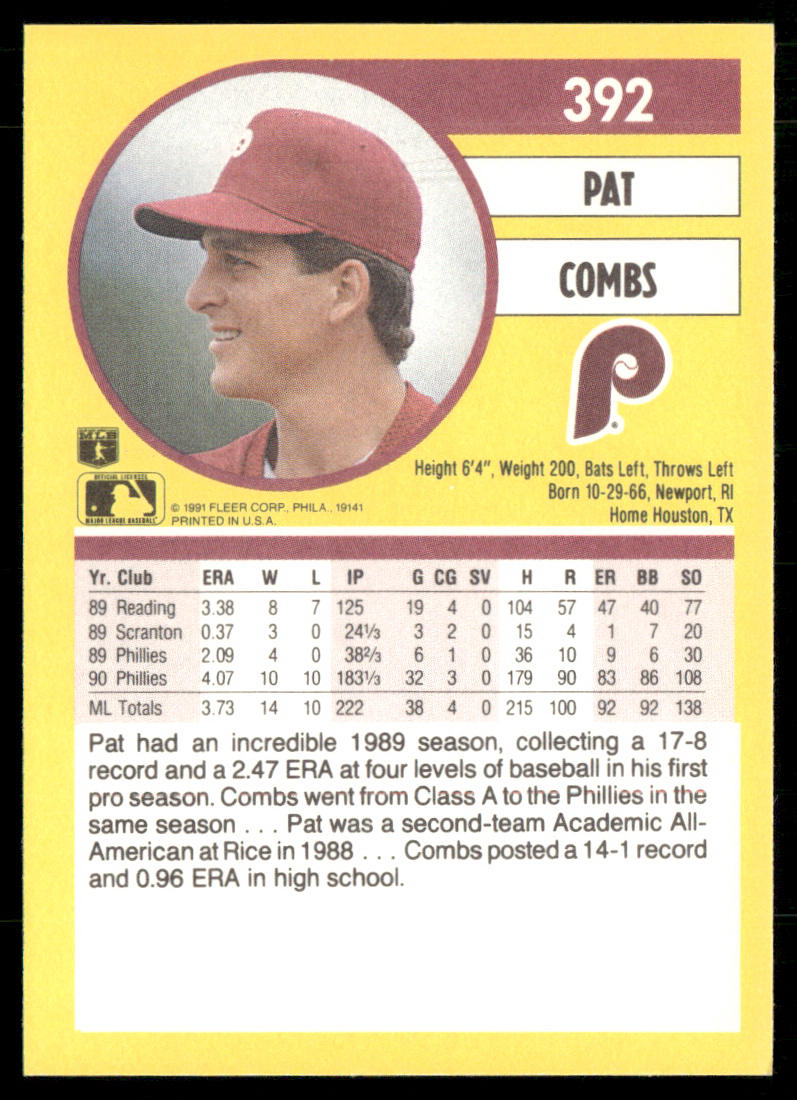 Pat Combs 1991 Fleer #392a Philadelphia Phillies back
