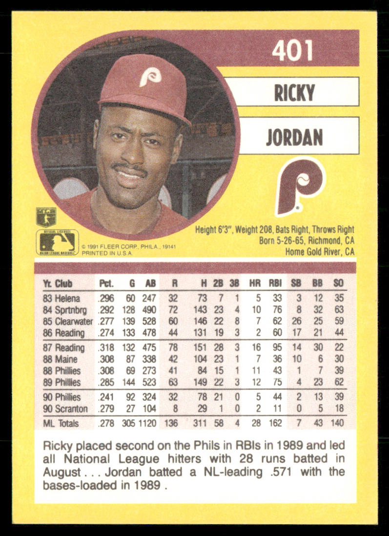 Ricky Jordan 1991 Fleer #401 Philadelphia Phillies