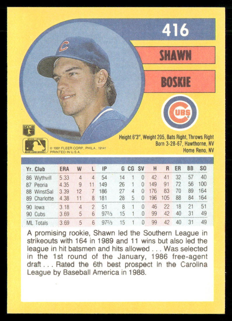 Shawn Boskie 1991 Fleer #416b Chicago Cubs