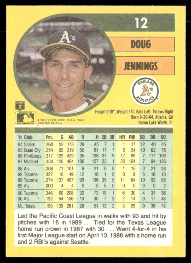 Doug Jennings 1991 Fleer #12b Oakland Athletics back
