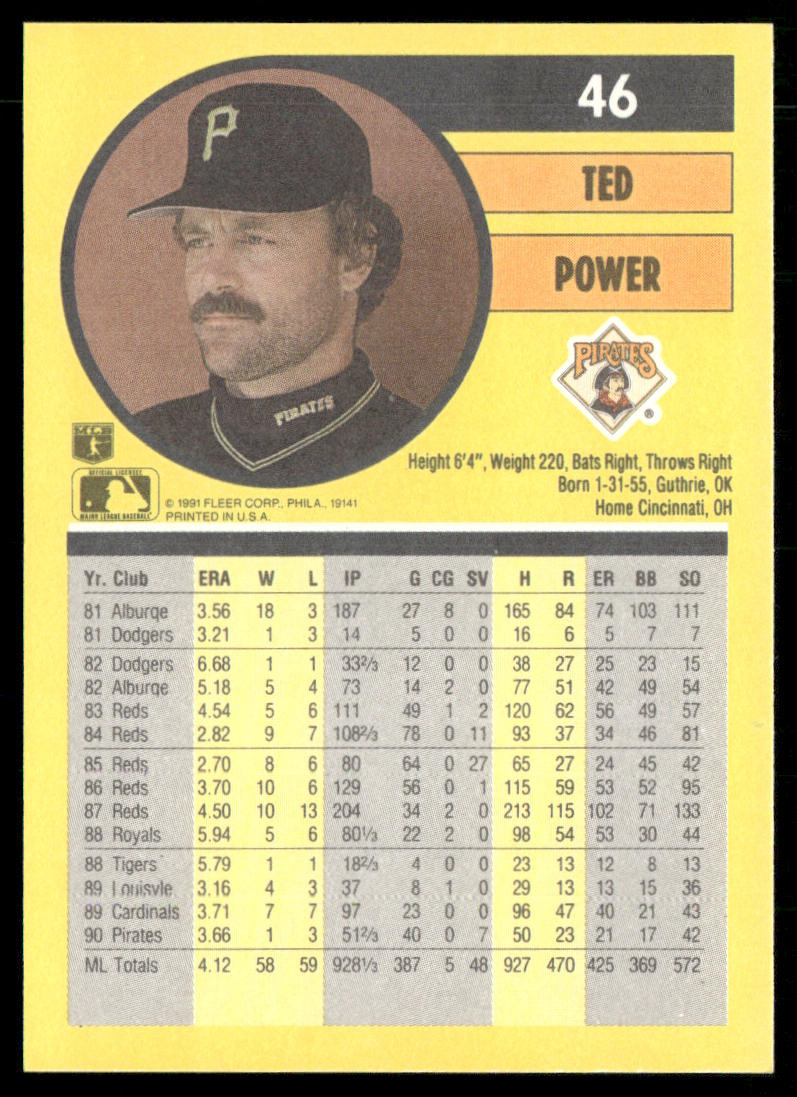 Ted Power 1991 Fleer #46b Pittsburgh Pirates back
