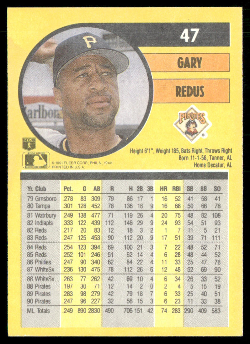 Gary Redus 1991 Fleer #47b Pittsburgh Pirates back