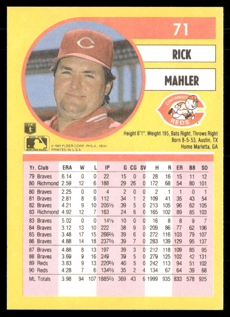 Rick Mahler 1991 Fleer #71b Cincinnati Reds back