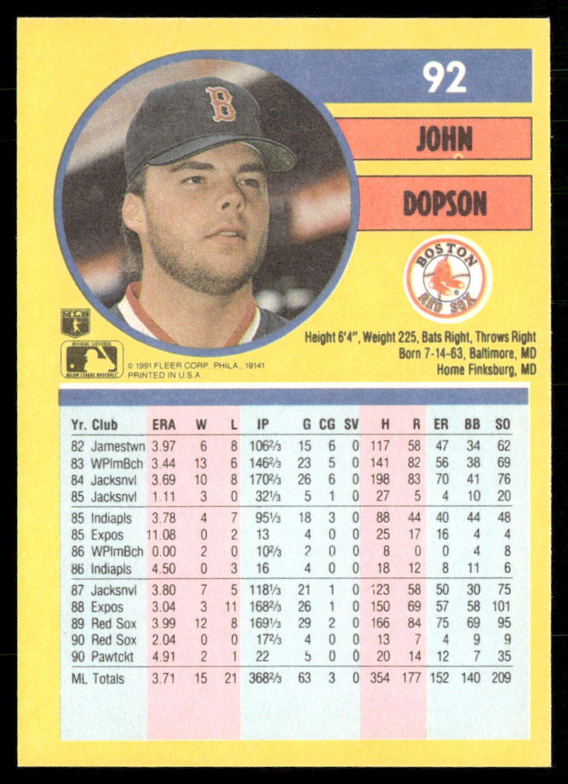 John Dopson 1991 Fleer #92a Boston Red Sox back