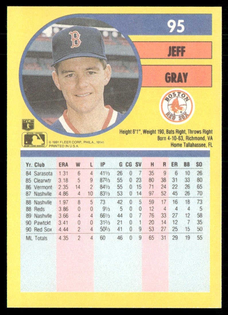 Jeff Gray 1991 Fleer #95a RC Boston Red Sox