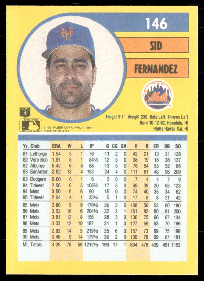Sid Fernandez 1991 Fleer #146a New York Mets