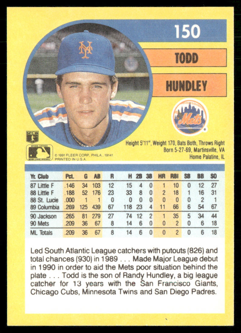 Todd Hundley 1991 Fleer #150b New York Mets back
