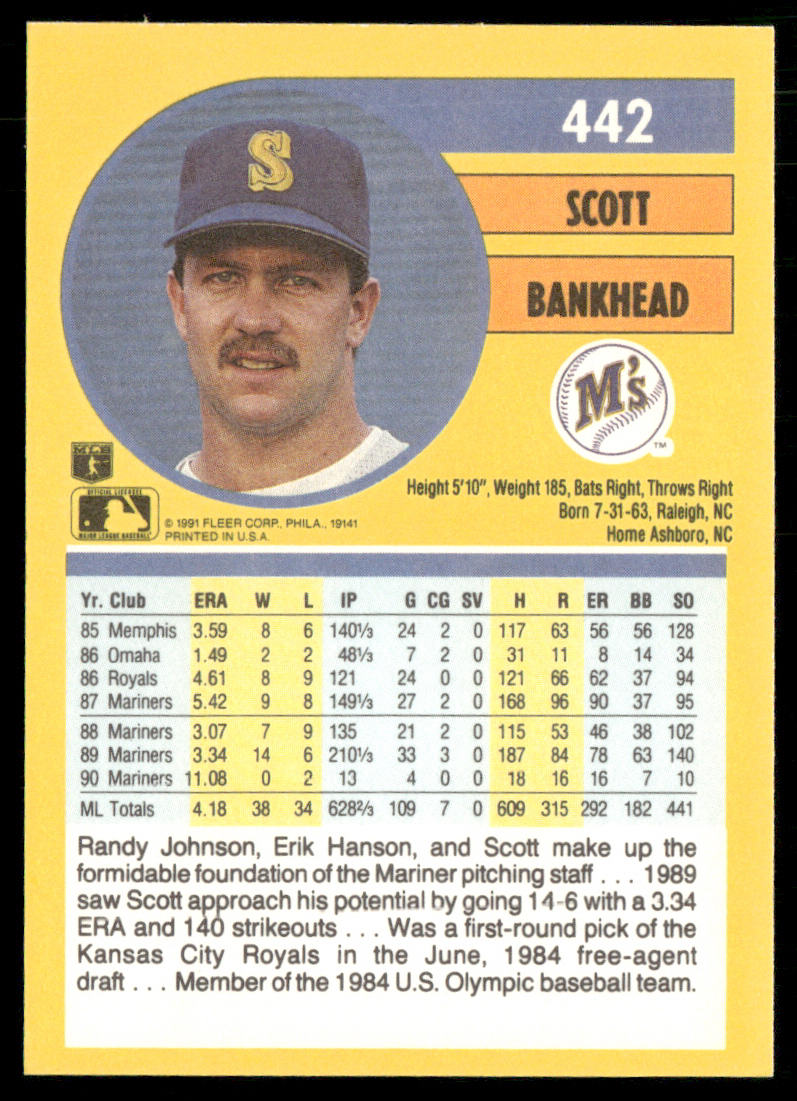 Scott Bankhead 1991 Fleer #442 Seattle Mariners back
