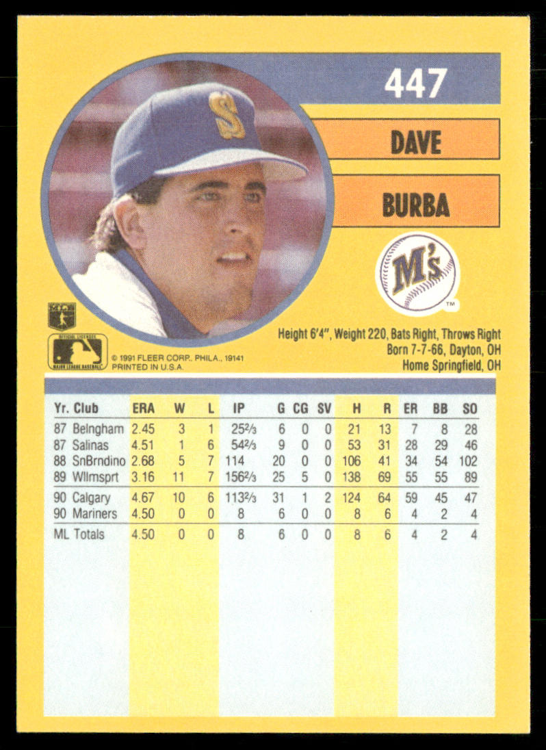 Dave Burba 1991 Fleer #447b RC Seattle Mariners