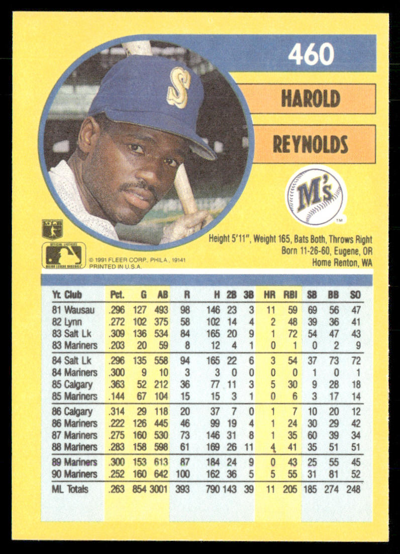Harold Reynolds 1991 Fleer #460 Seattle Mariners back
