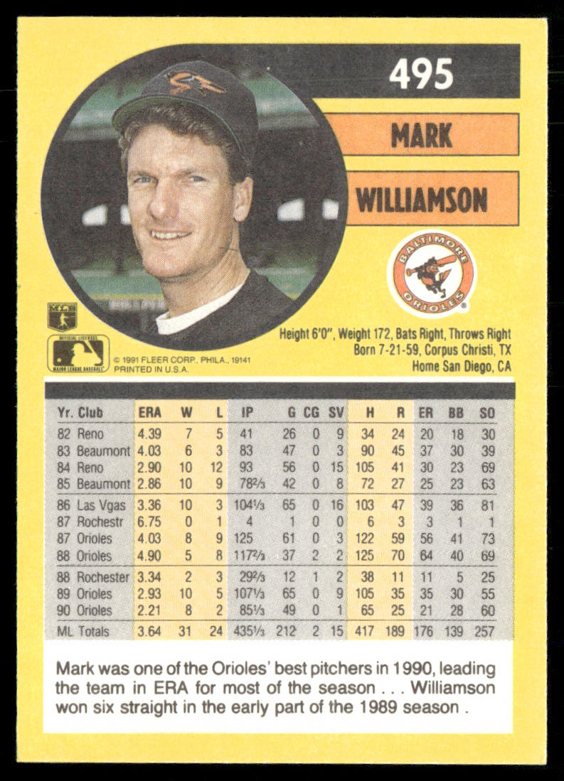 Mark Williamson 1991 Fleer #495b Baltimore Orioles back