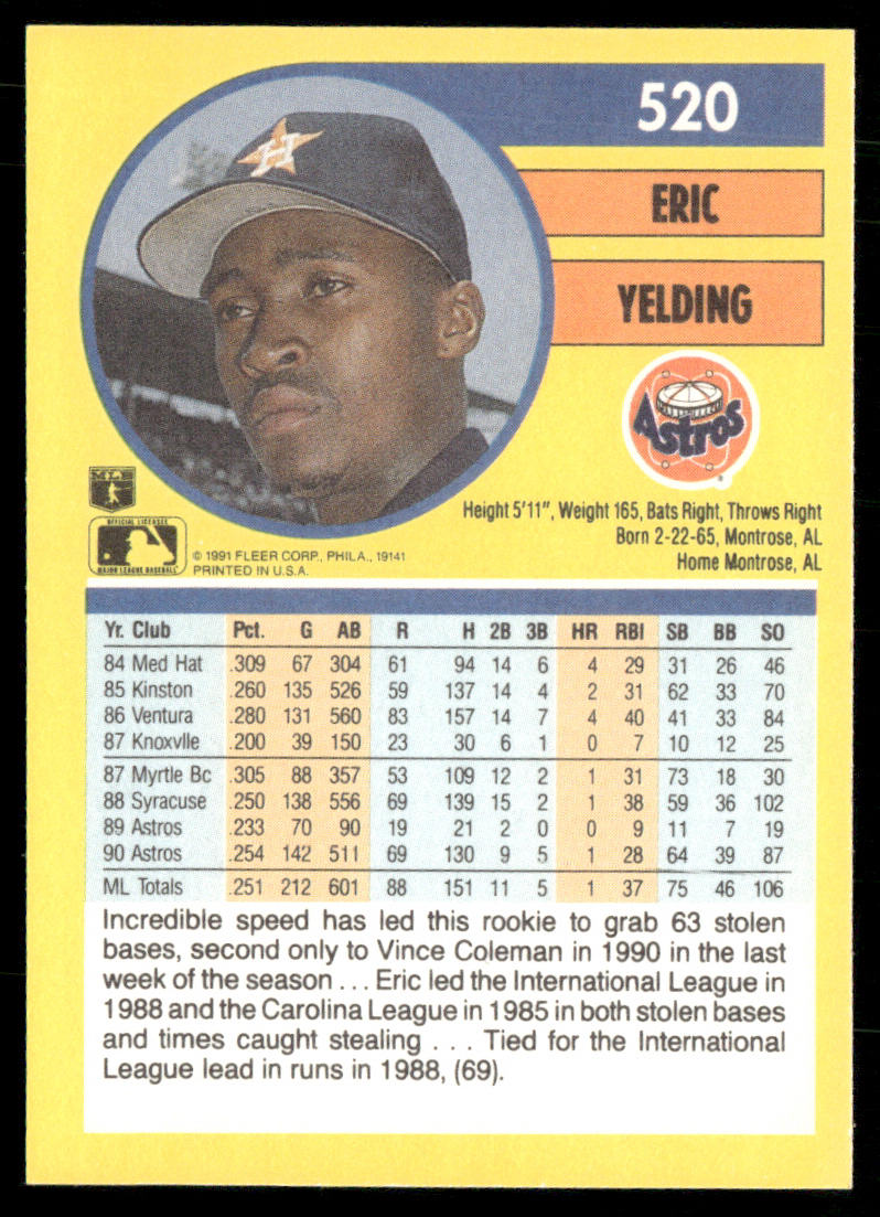 Eric Yelding 1991 Fleer #520a Houston Astros back