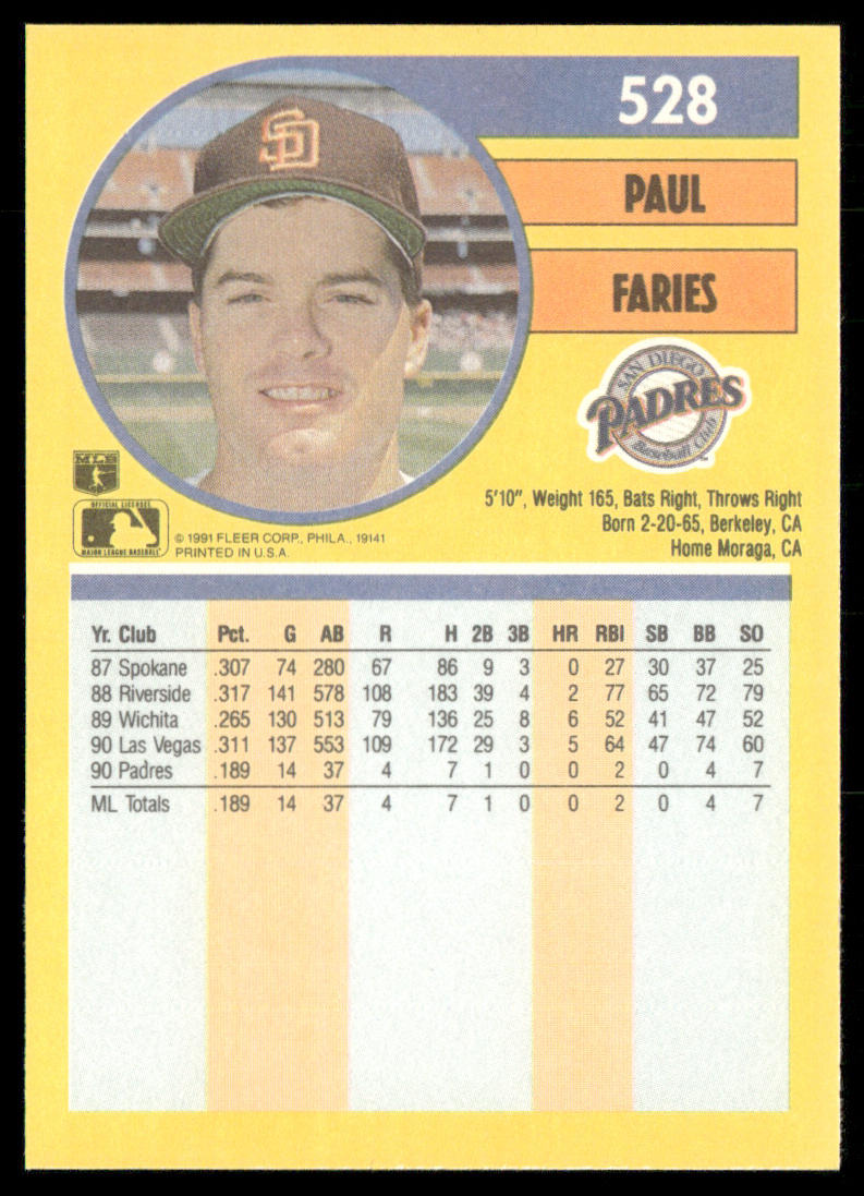 Paul Faries 1991 Fleer #528b RC San Diego Padres
