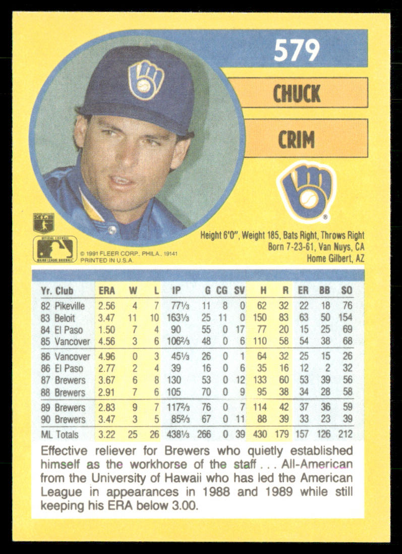 Chuck Crim 1991 Fleer #579 Milwaukee Brewers back