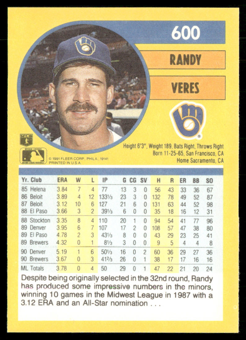 Randy Veres 1991 Fleer #600 Milwaukee Brewers