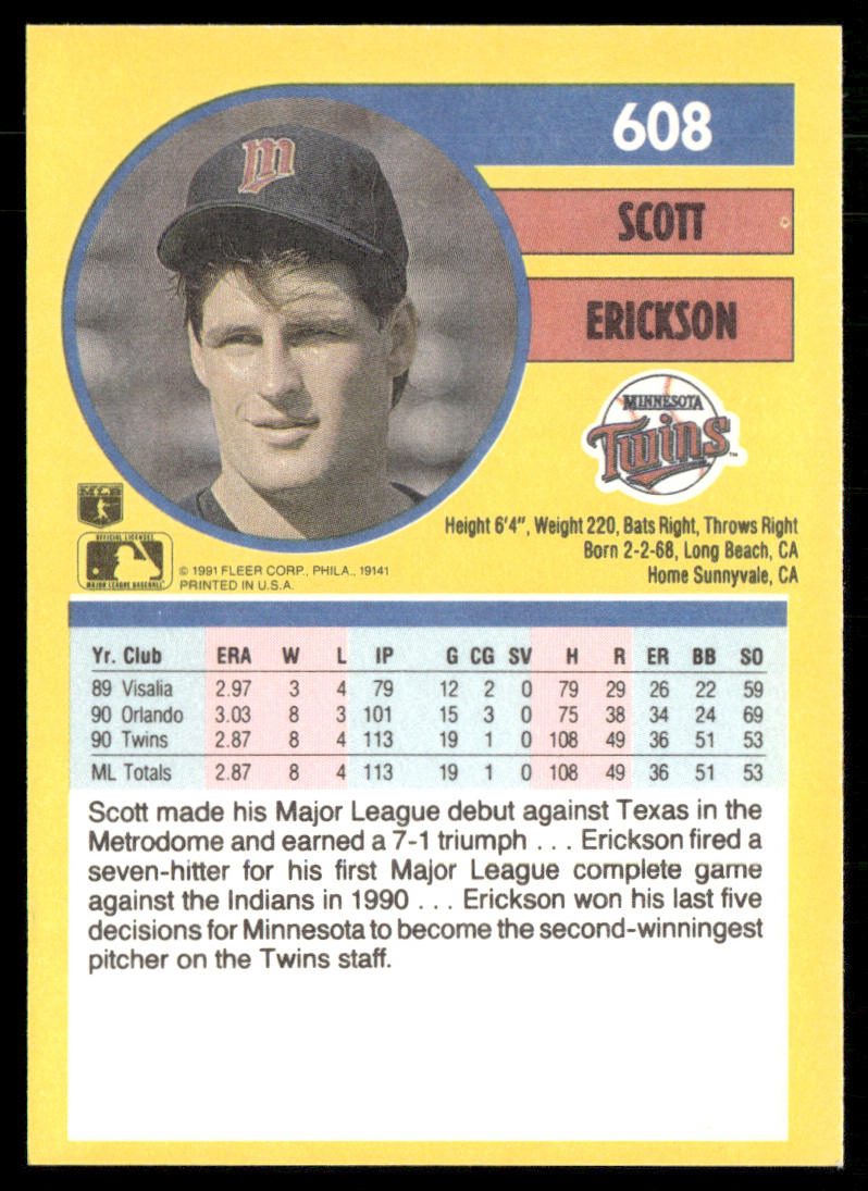 Scott Erickson 1991 Fleer #608a Minnesota Twins