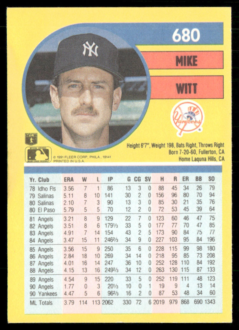 Mike Witt 1991 Fleer #680b New York Yankees