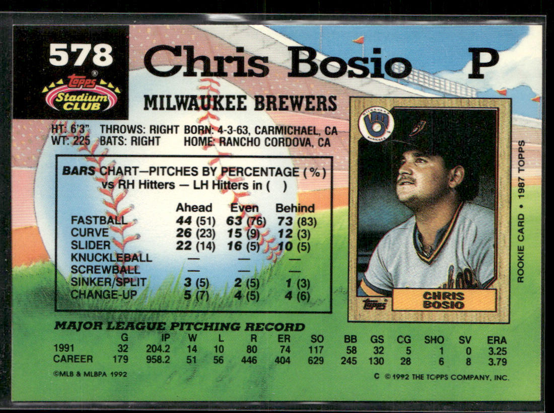 Chris Bosio 1992 Stadium Club #578 Milwaukee Brewers