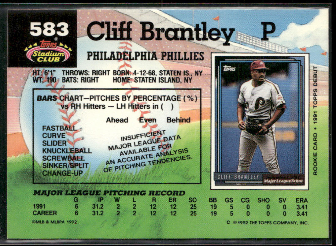 Cliff Brantley 1992 Stadium Club #583b RC Philadelphia Phillies