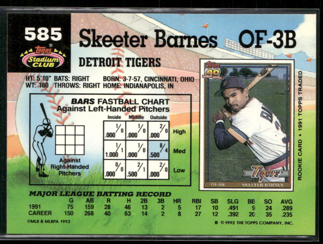 Skeeter Barnes 1992 Stadium Club #585 Detroit Tigers