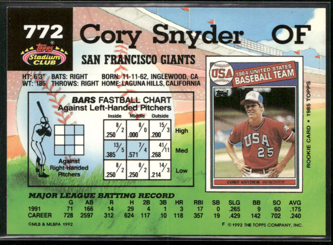 Cory Snyder 1992 Stadium Club #772b San Francisco Giants