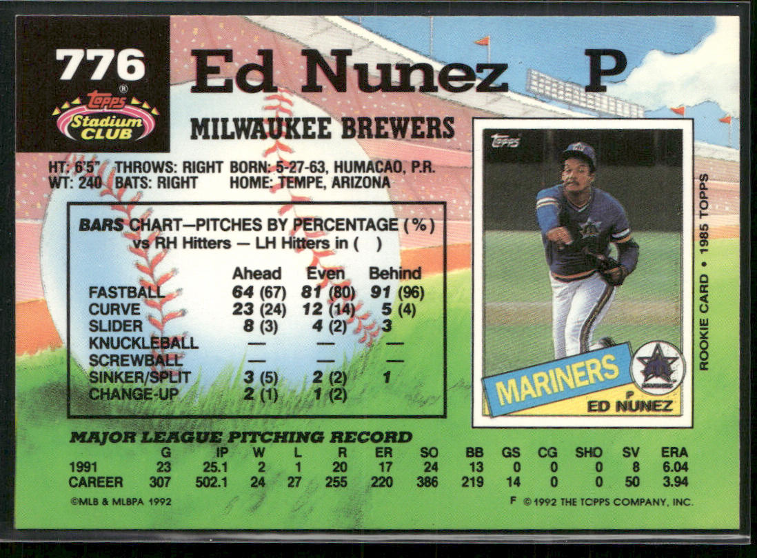 Edwin Nunez 1992 Stadium Club #776b Milwaukee Brewers