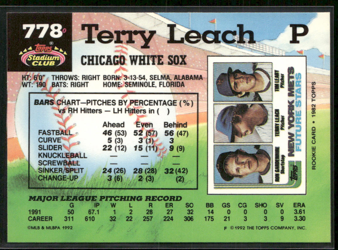 Terry Leach 1992 Stadium Club #778 Chicago White Sox